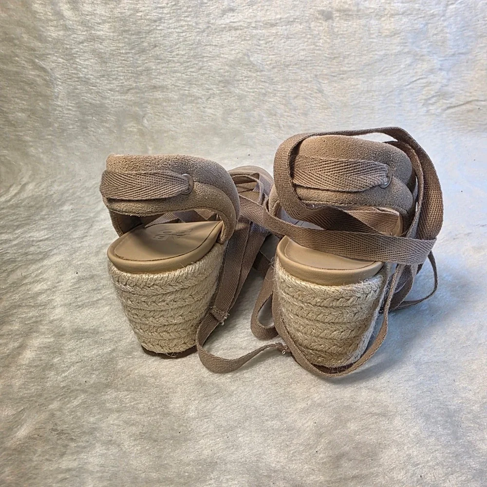 ABEO Veranda Espadrille Lace Up Tan Suede Wedge Sandals Womens 7.5 Excellent